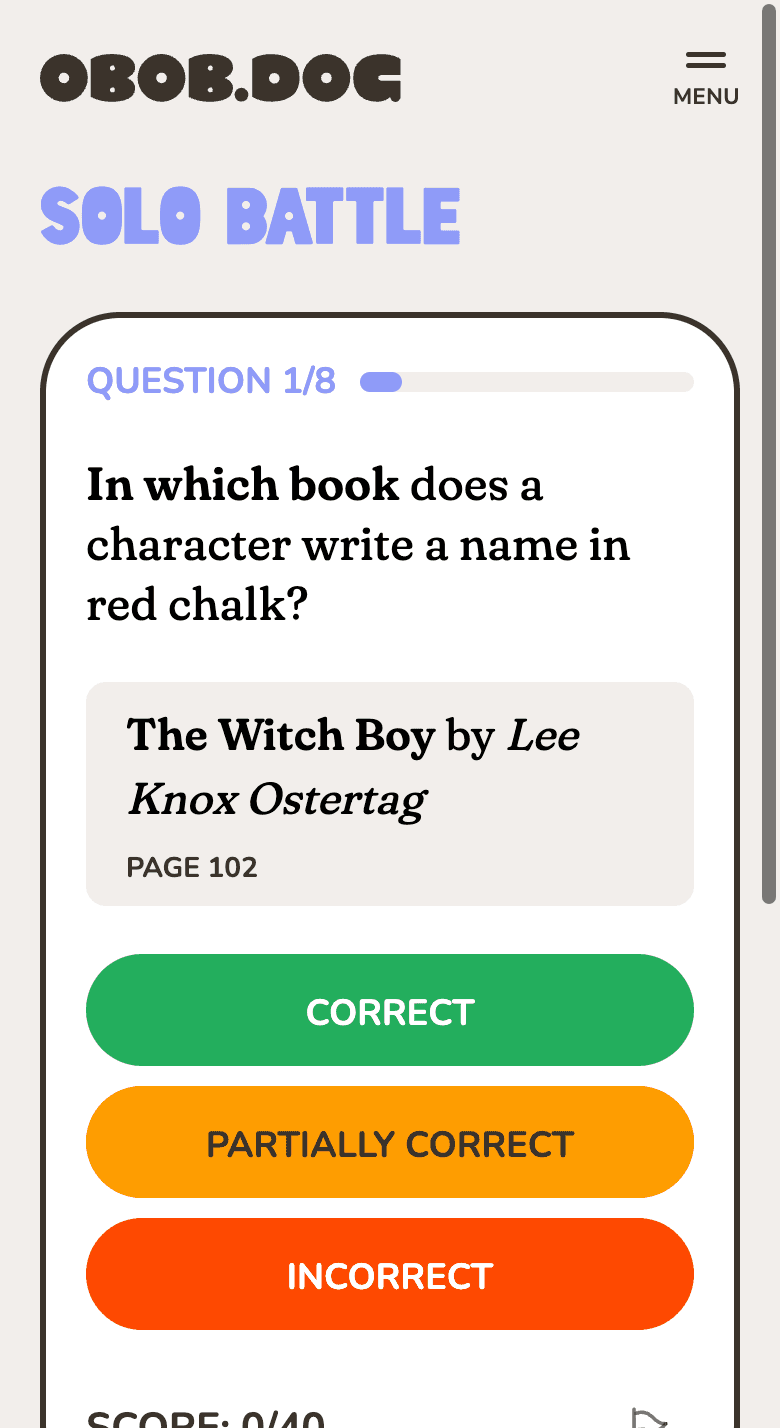 A solo battle on a phone: an in-which-book question with the answer revealed and the scoring buttons