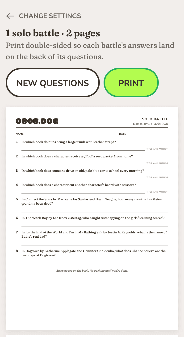 A printed solo battle sheet on a phone: eight questions with lines to write the answers