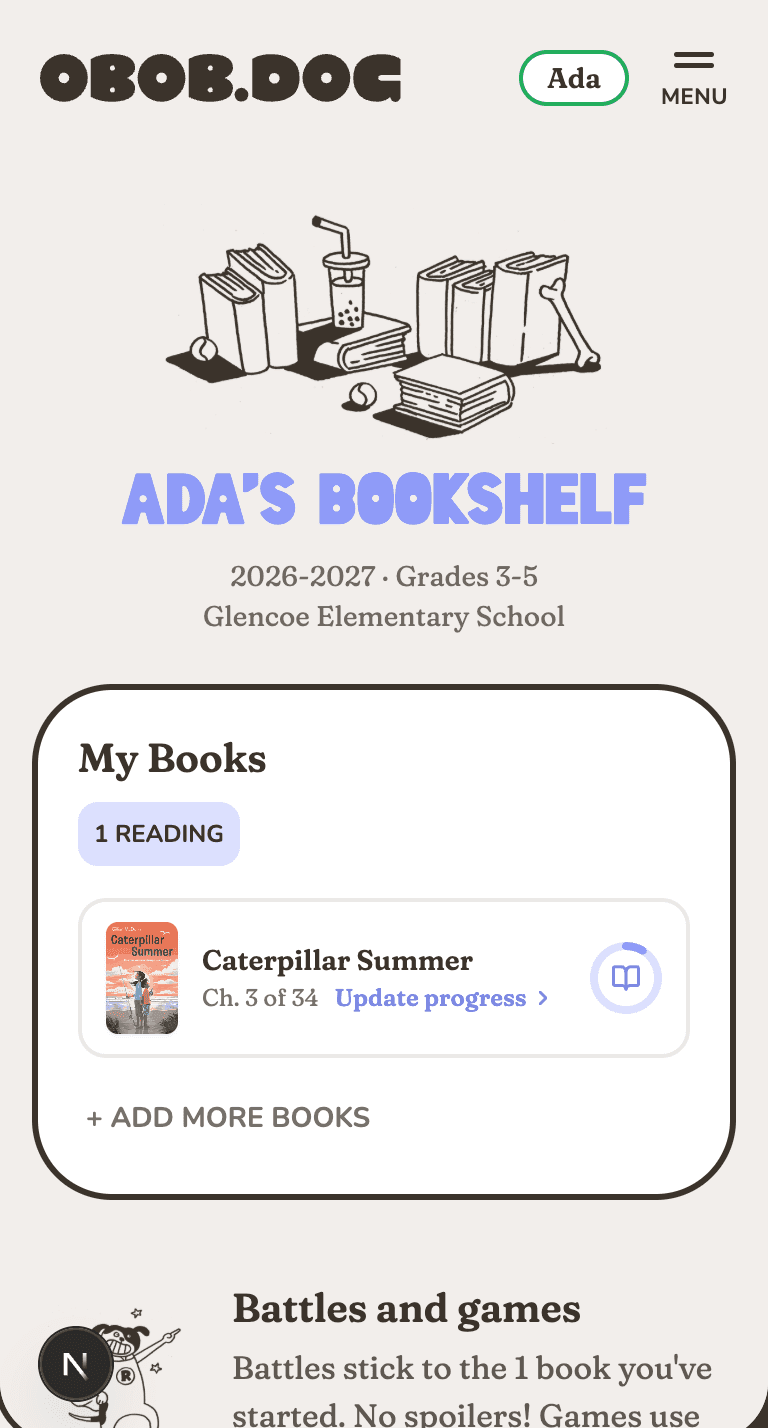 A reader's bookshelf on a phone, with one book in progress