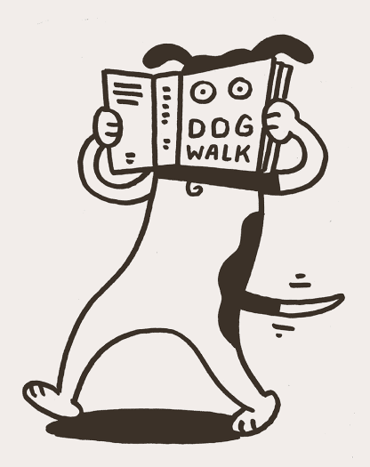 Rosie walking while reading a book titled Dog Walk